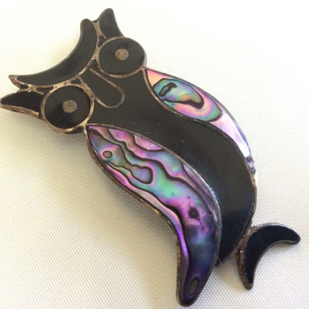 Vintage Silver Alpaca Mexico Black Onyx Abalone Shell Owl pin brooch